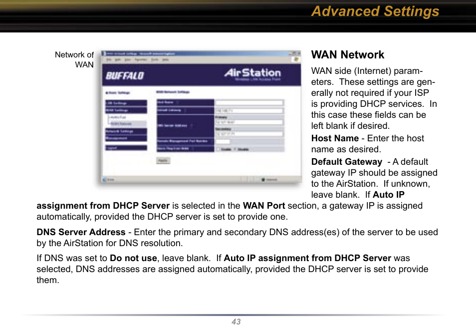 Advanced settings, Wan network | Buffalo Technology WBR2-G54 User Manual | Page 43 / 95