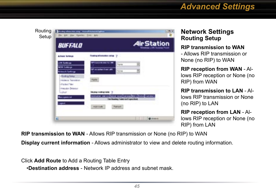 Advanced settings, Network settings | Buffalo Technology WBR2-G54 User Manual | Page 45 / 95