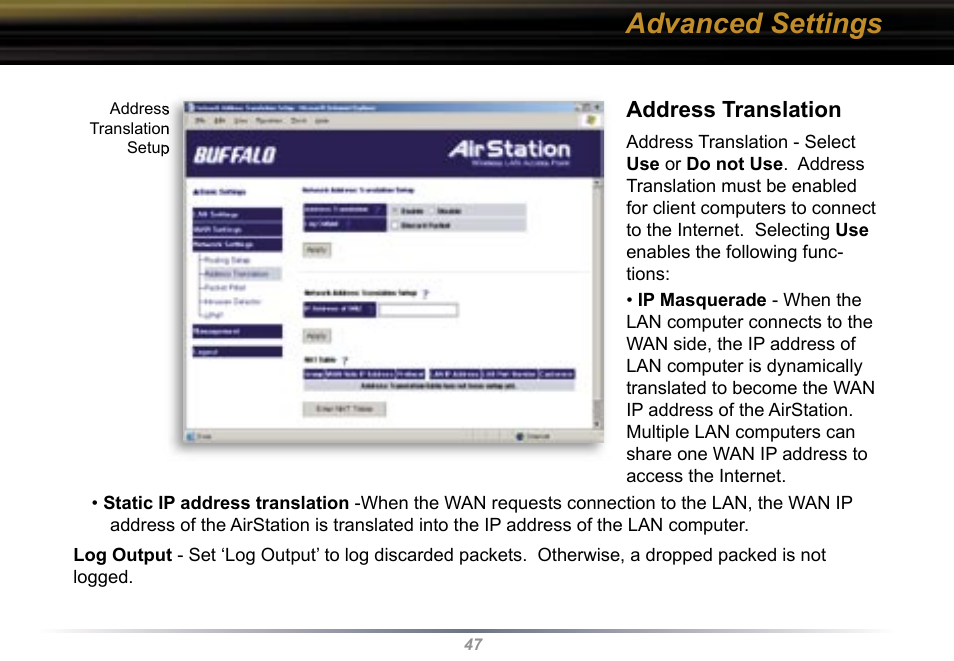 Advanced settings, Address translation | Buffalo Technology WBR2-G54 User Manual | Page 47 / 95