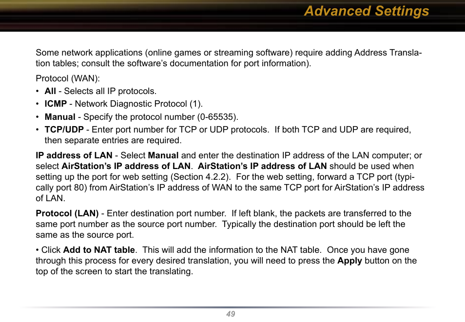 Advanced settings | Buffalo Technology WBR2-G54 User Manual | Page 49 / 95