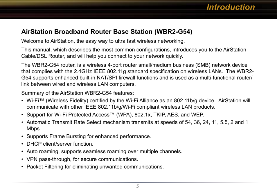 Introduction | Buffalo Technology WBR2-G54 User Manual | Page 5 / 95