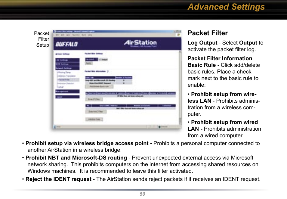 Advanced settings, Packet filter | Buffalo Technology WBR2-G54 User Manual | Page 50 / 95