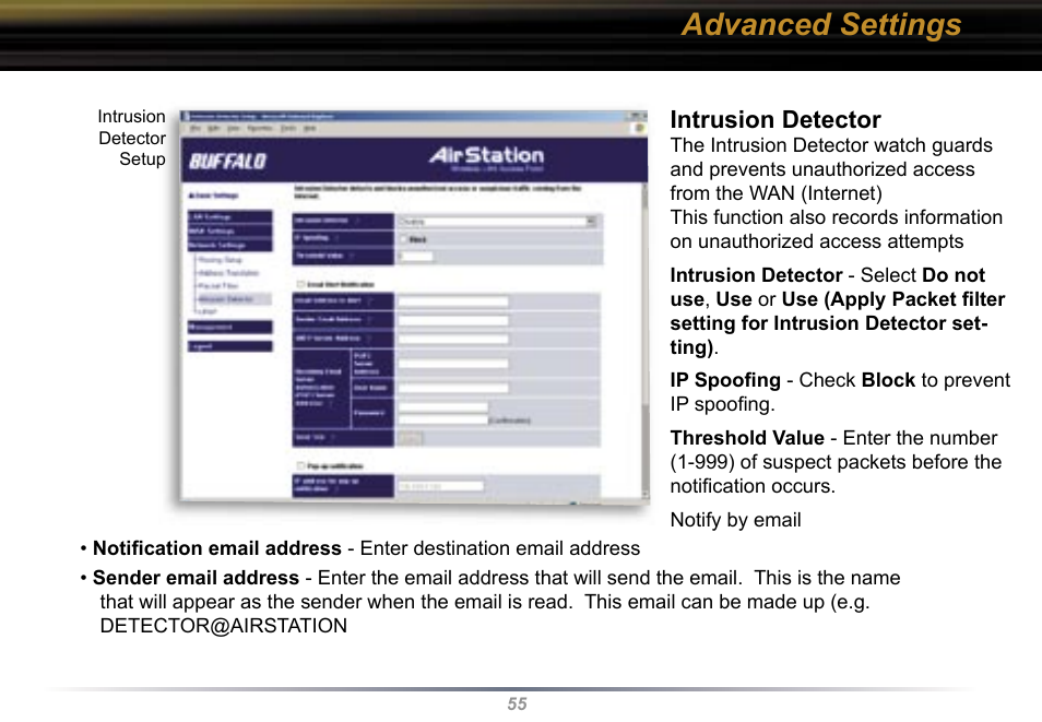 Advanced settings, Intrusion detector | Buffalo Technology WBR2-G54 User Manual | Page 55 / 95