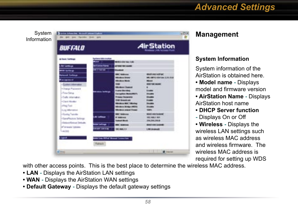 Advanced settings, Management | Buffalo Technology WBR2-G54 User Manual | Page 58 / 95
