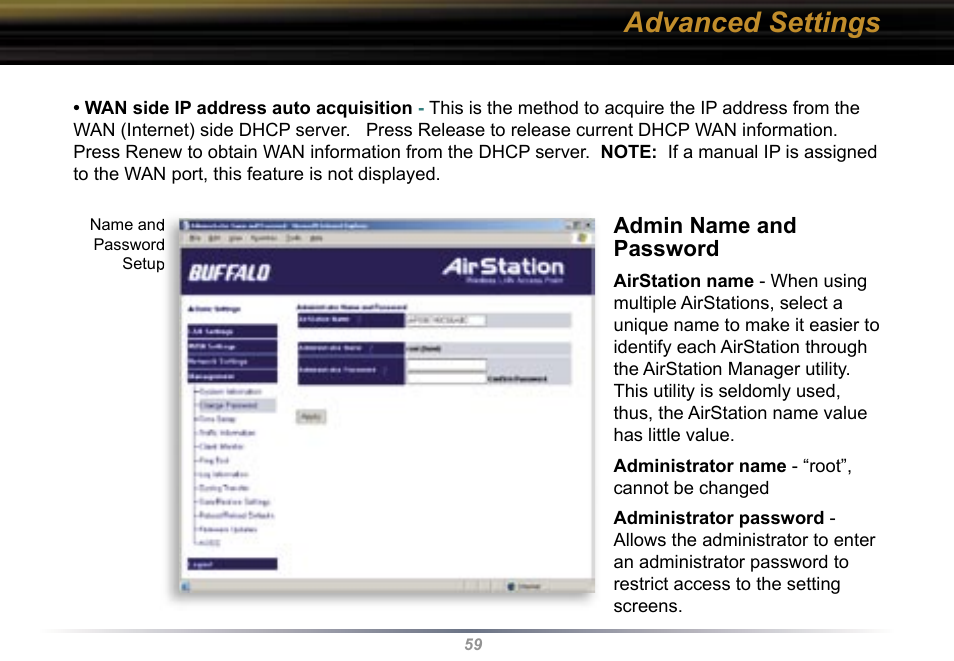 Advanced settings, Admin name and password | Buffalo Technology WBR2-G54 User Manual | Page 59 / 95