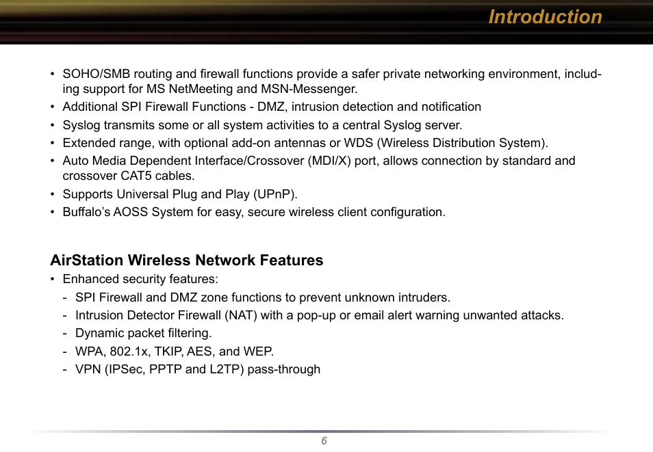 Introduction | Buffalo Technology WBR2-G54 User Manual | Page 6 / 95