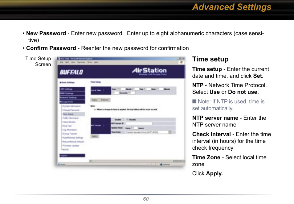 Advanced settings, Time setup | Buffalo Technology WBR2-G54 User Manual | Page 60 / 95