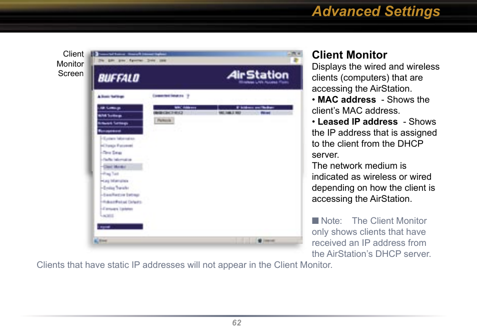 Advanced settings, Client monitor | Buffalo Technology WBR2-G54 User Manual | Page 62 / 95