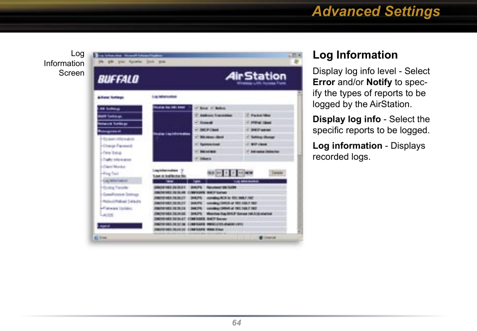 Advanced settings, Log information | Buffalo Technology WBR2-G54 User Manual | Page 64 / 95