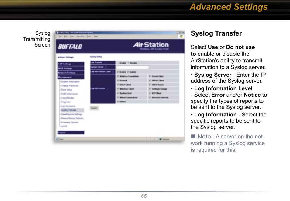 Advanced settings, Syslog transfer | Buffalo Technology WBR2-G54 User Manual | Page 65 / 95