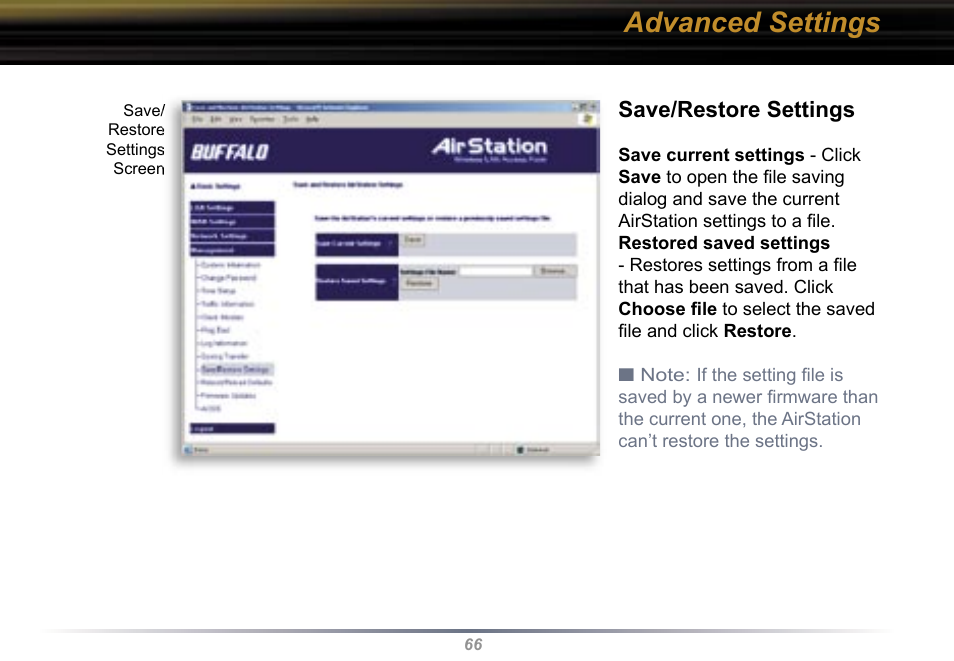 Advanced settings, Save/restore settings | Buffalo Technology WBR2-G54 User Manual | Page 66 / 95