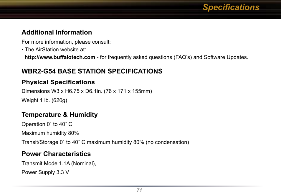 Speciﬁcations | Buffalo Technology WBR2-G54 User Manual | Page 71 / 95