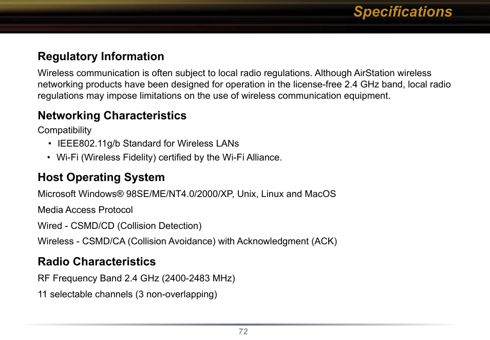 Speciﬁcations | Buffalo Technology WBR2-G54 User Manual | Page 72 / 95