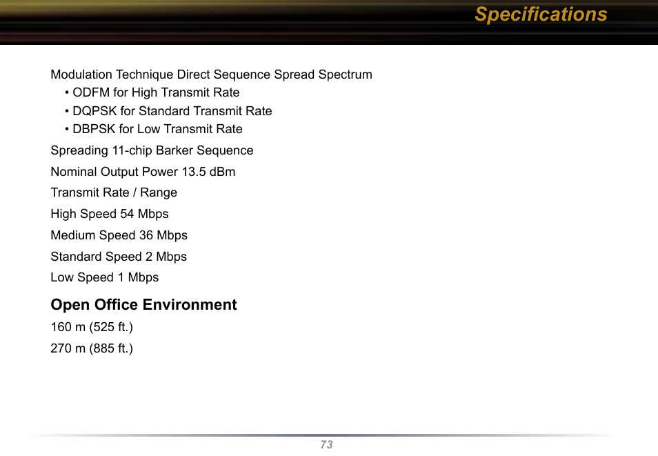 Speciﬁcations | Buffalo Technology WBR2-G54 User Manual | Page 73 / 95