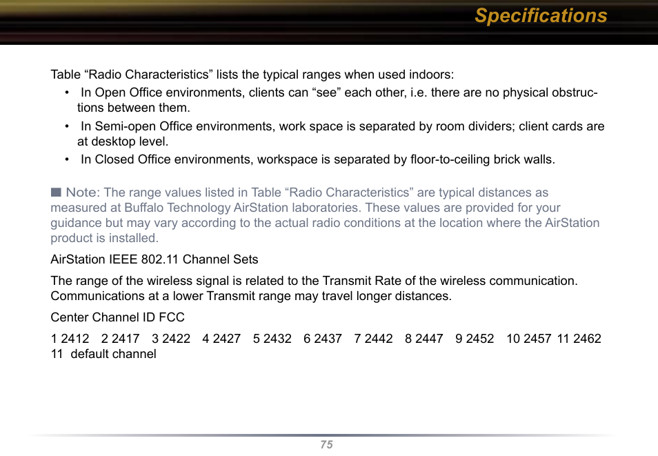 Speciﬁcations | Buffalo Technology WBR2-G54 User Manual | Page 75 / 95