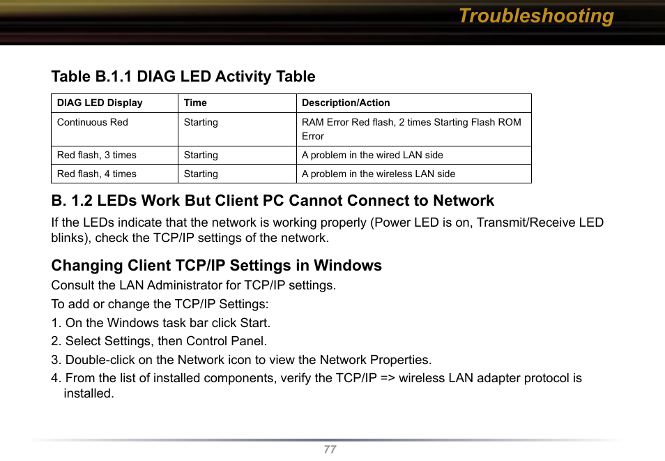 Troubleshooting, Table b.1.1 diag led activity table, Changing client tcp/ip settings in windows | Buffalo Technology WBR2-G54 User Manual | Page 77 / 95
