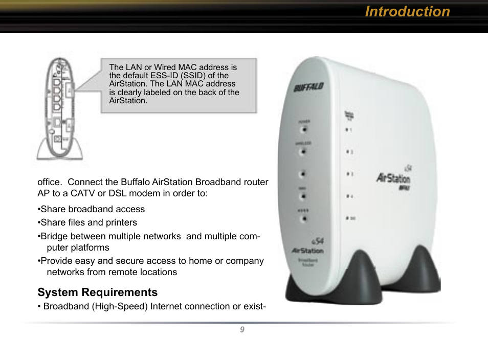 Introduction, System requirements | Buffalo Technology WBR2-G54 User Manual | Page 9 / 95