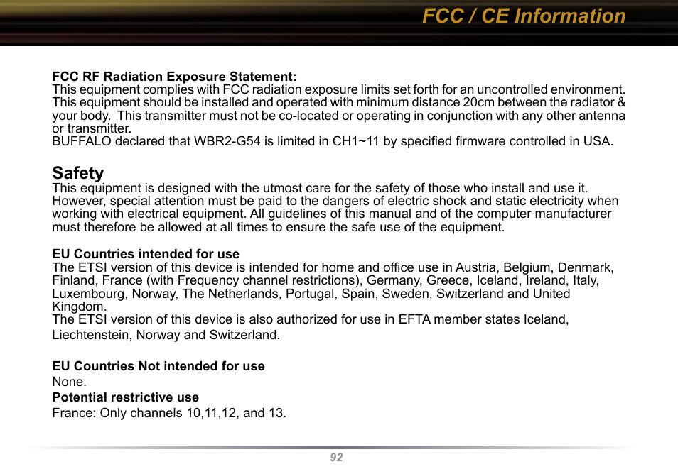 Fcc / ce information, Safety | Buffalo Technology WBR2-G54 User Manual | Page 92 / 95