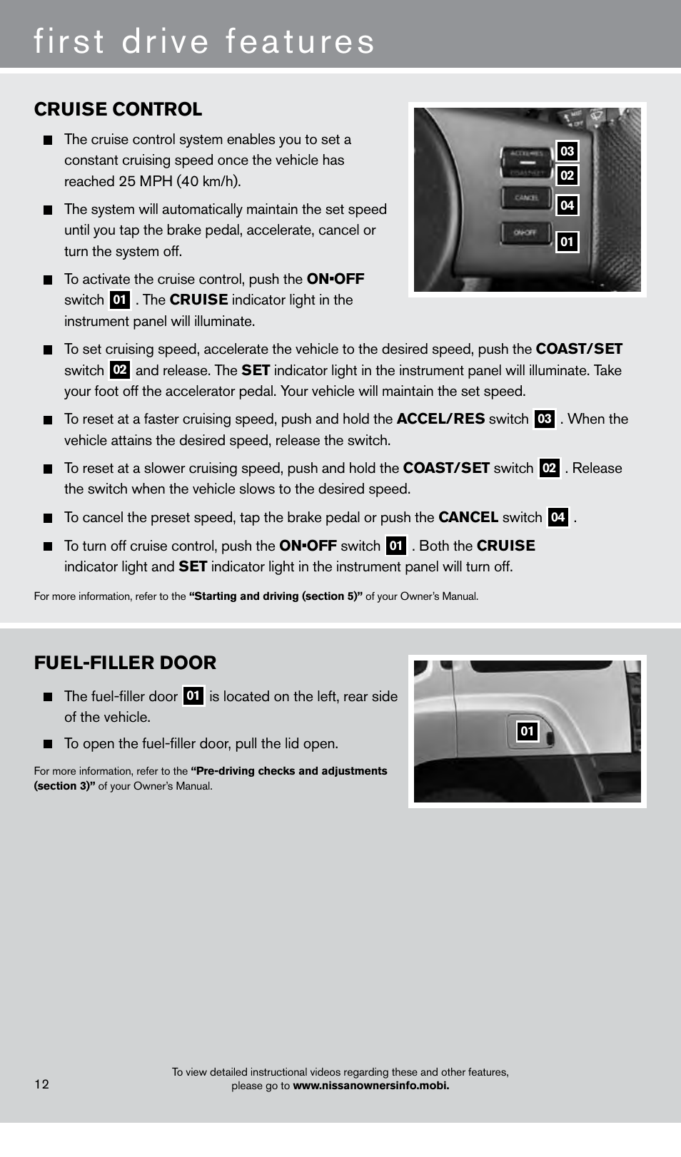 First drive features, Fuel-filler door, Cruise control | NISSAN 2013 Xterra - Quick Reference Guide User Manual | Page 14 / 22