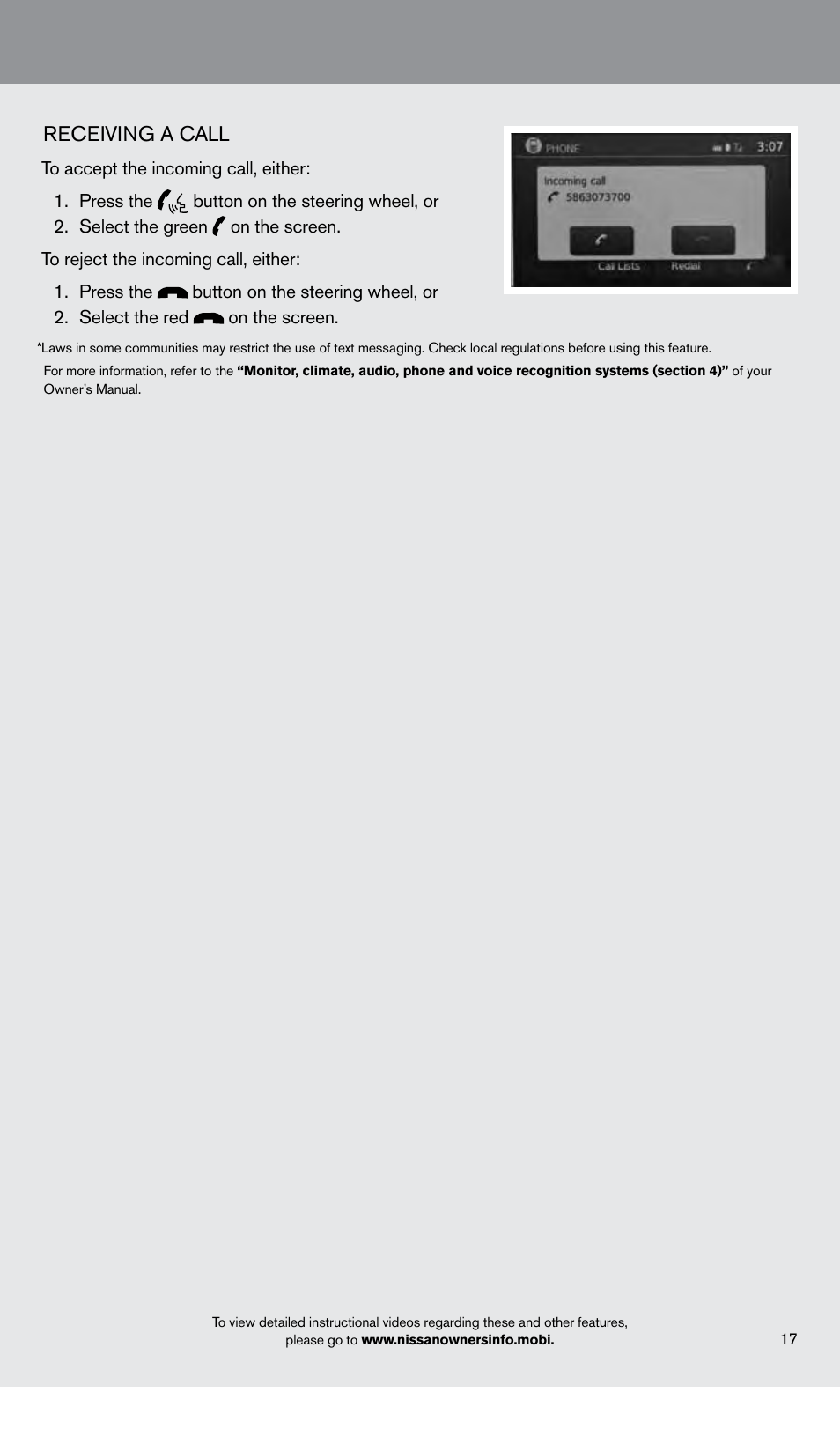 Receiving a call | NISSAN 2013 Xterra - Quick Reference Guide User Manual | Page 19 / 22