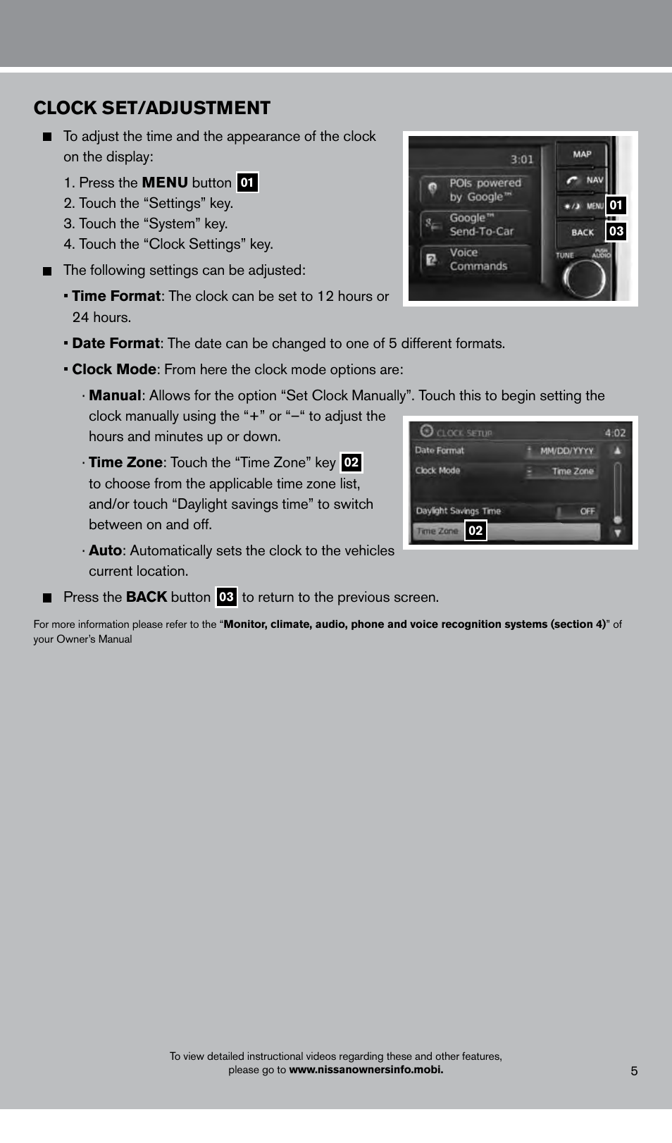 Clock set/adjustment | NISSAN 2013 Xterra - Quick Reference Guide User Manual | Page 7 / 22