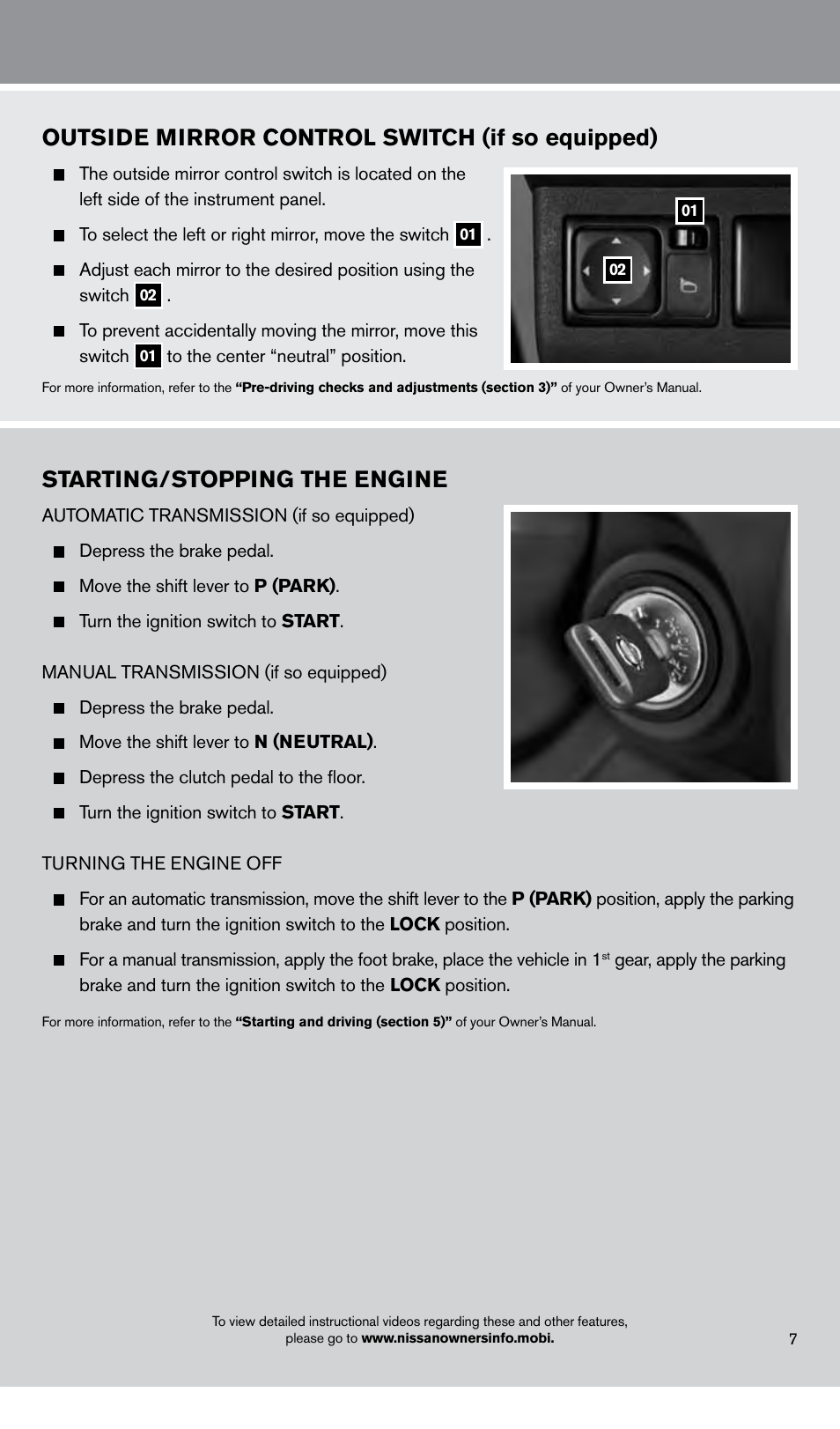 Starting/stopping the engine, Outside mirror control switch (if so equipped) | NISSAN 2013 Xterra - Quick Reference Guide User Manual | Page 9 / 22