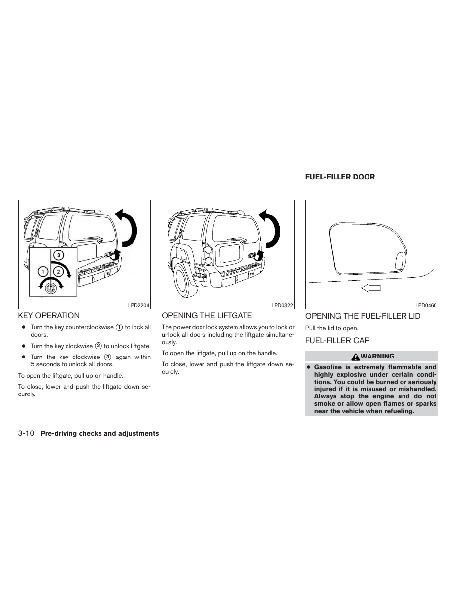 Key operation -10, Opening the liftgate -10, Fuel-filler door -10 | NISSAN 2014 Xterra - Owner's Manual User Manual | Page 143 / 384