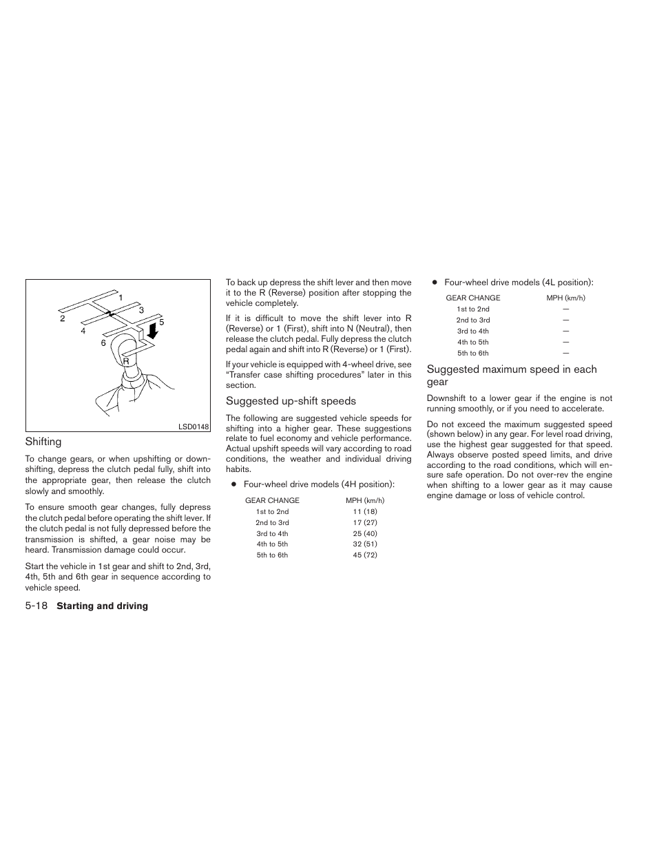 Shifting, Suggested up-shift speeds, Suggested maximum speed in each gear | NISSAN 2014 Xterra - Owner's Manual User Manual | Page 255 / 384