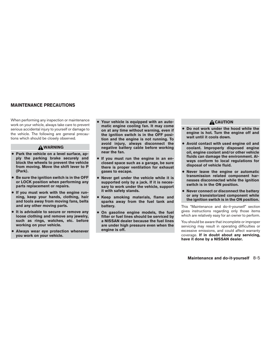 Maintenance precautions -5 | NISSAN 2014 Xterra - Owner's Manual User Manual | Page 304 / 384