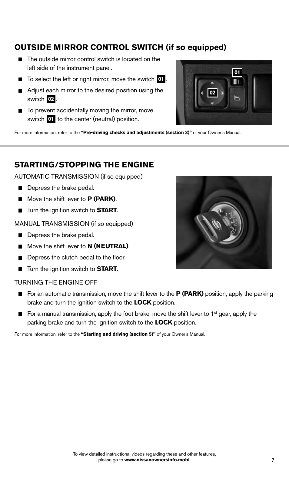 Starting/stopping the engine, Outside mirror control switch (if so equipped) | NISSAN 2014 Xterra - Quick Reference Guide User Manual | Page 9 / 24