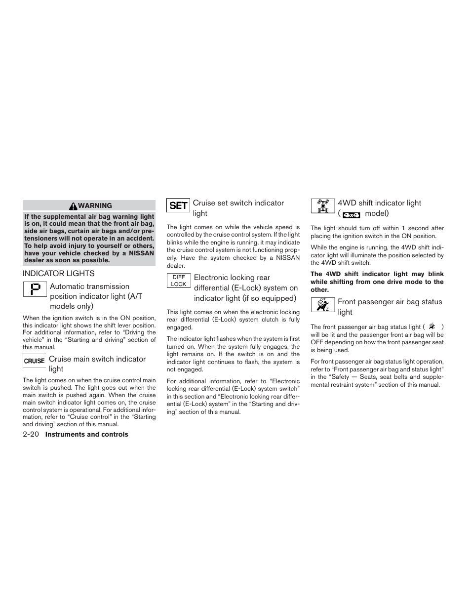 Indicator lights -20 | NISSAN 2015 Xterra - Owner's Manual User Manual | Page 103 / 396