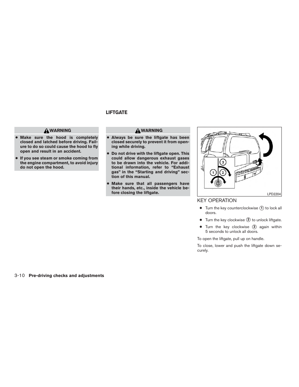 Liftgate -10, Key operation -10 | NISSAN 2015 Xterra - Owner's Manual User Manual | Page 145 / 396