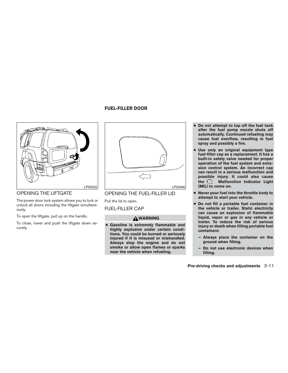 Opening the liftgate -11, Fuel-filler door -11 | NISSAN 2015 Xterra - Owner's Manual User Manual | Page 146 / 396