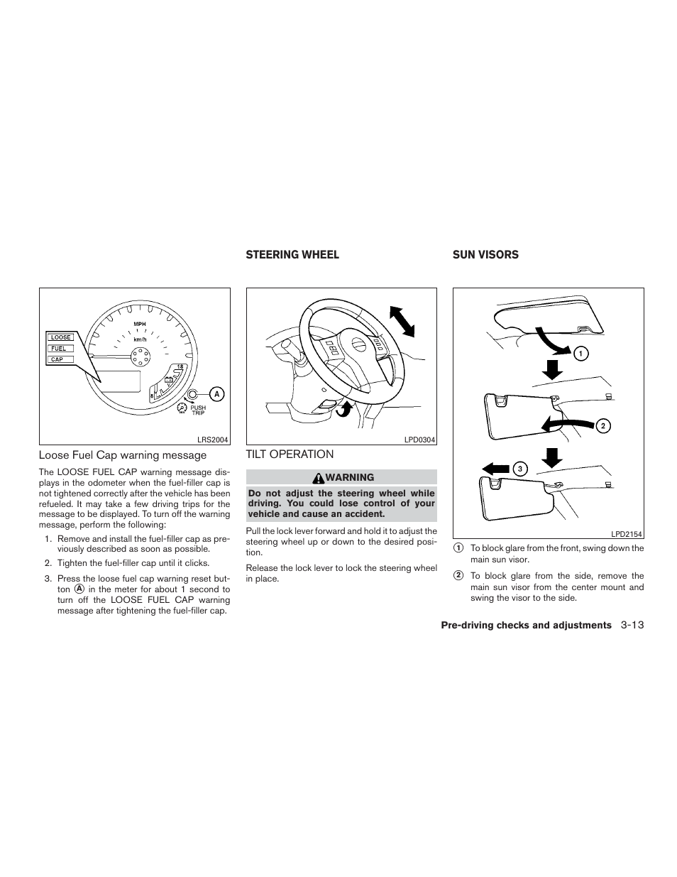 Steering wheel -13, Tilt operation -13, Sun visors -13 | NISSAN 2015 Xterra - Owner's Manual User Manual | Page 148 / 396
