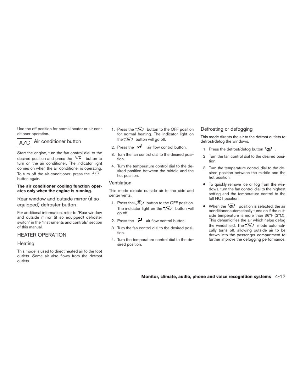 Heater operation -17 | NISSAN 2015 Xterra - Owner's Manual User Manual | Page 168 / 396