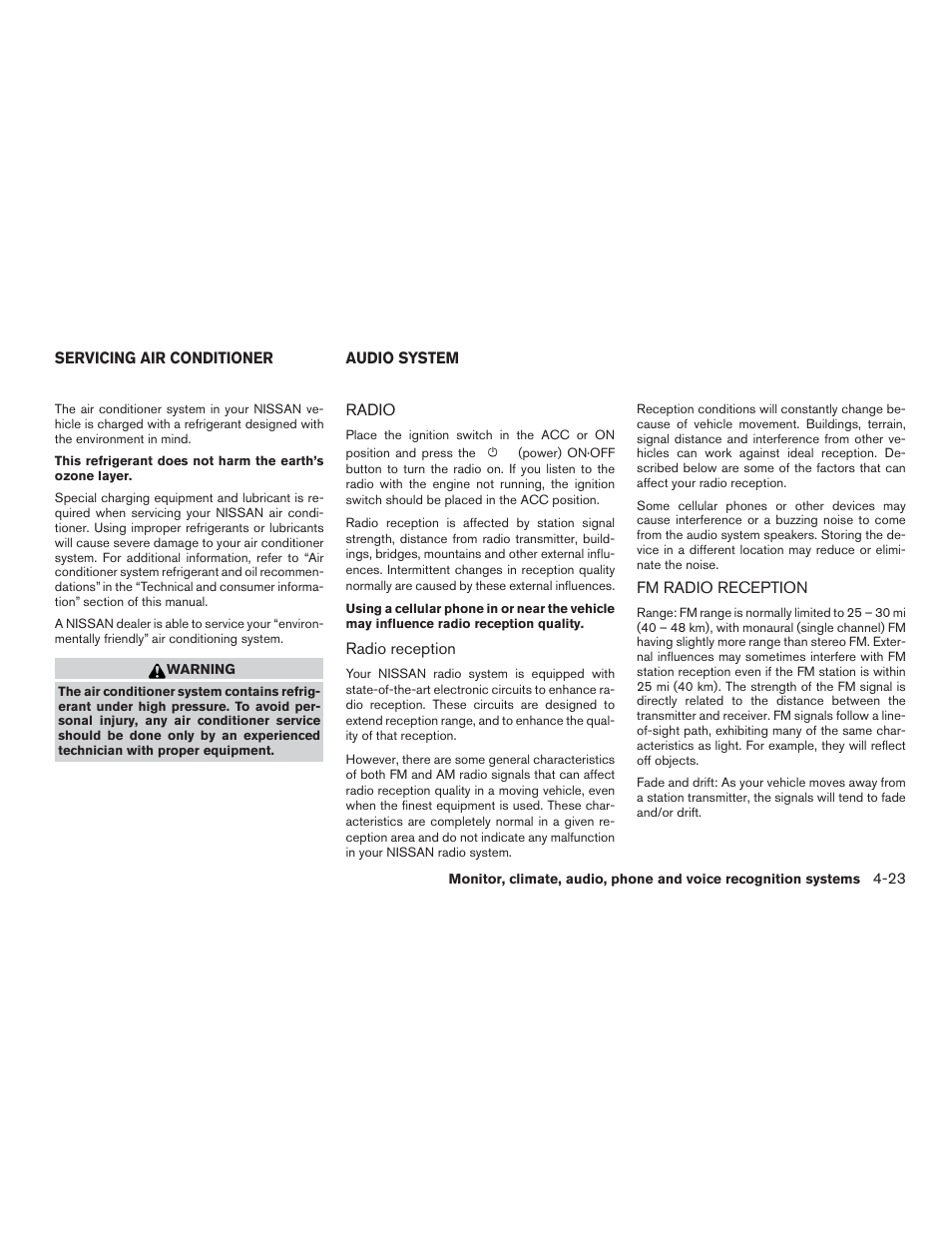 Servicing air conditioner -23 audio system -23, Radio -23 fm radio reception -23 | NISSAN 2015 Xterra - Owner's Manual User Manual | Page 174 / 396