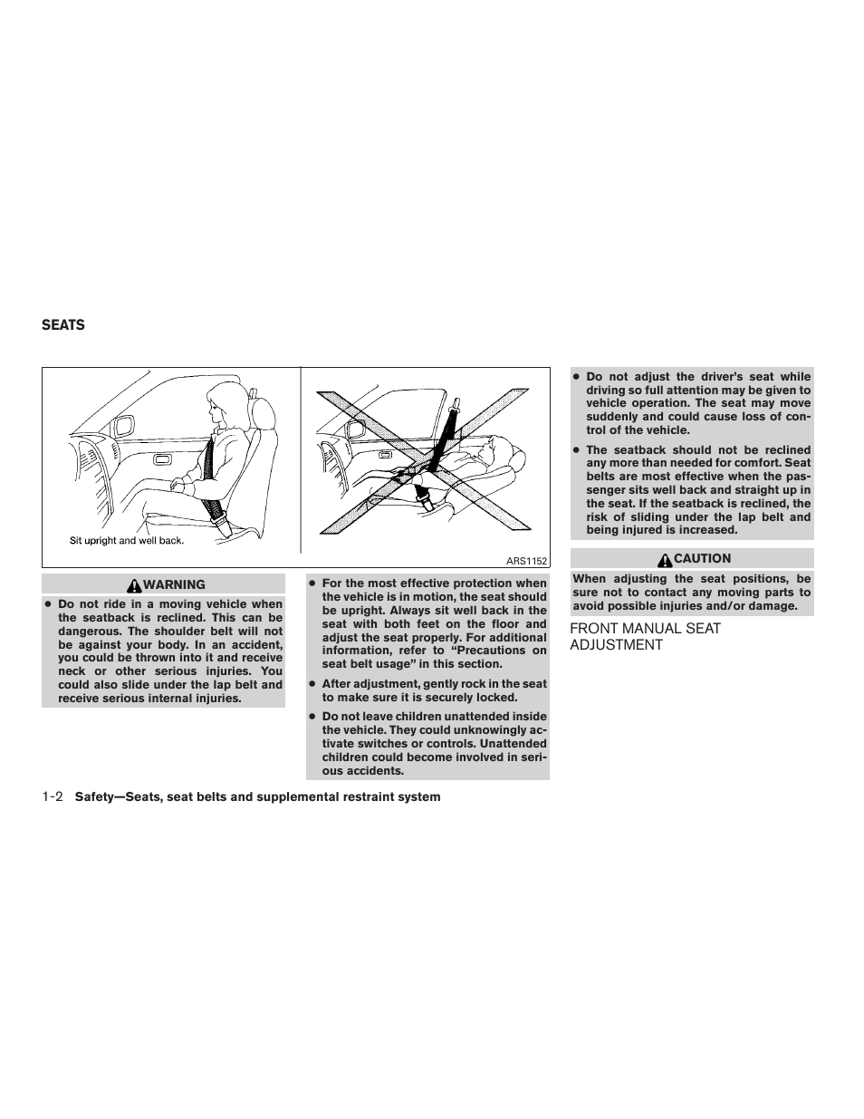 Seats -2, Front manual seat adjustment -2 | NISSAN 2015 Xterra - Owner's Manual User Manual | Page 21 / 396
