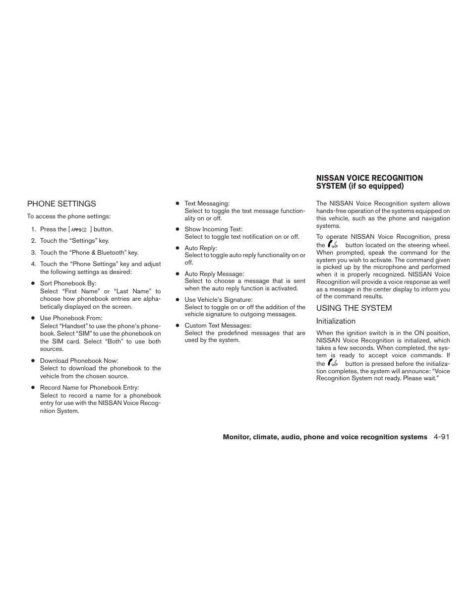 Phone settings -91, Using the system -91 | NISSAN 2015 Xterra - Owner's Manual User Manual | Page 242 / 396