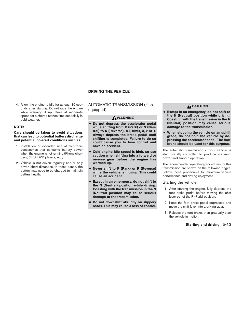 Driving the vehicle -13, Automatic transmission (if so equipped) -13 | NISSAN 2015 Xterra - Owner's Manual User Manual | Page 262 / 396