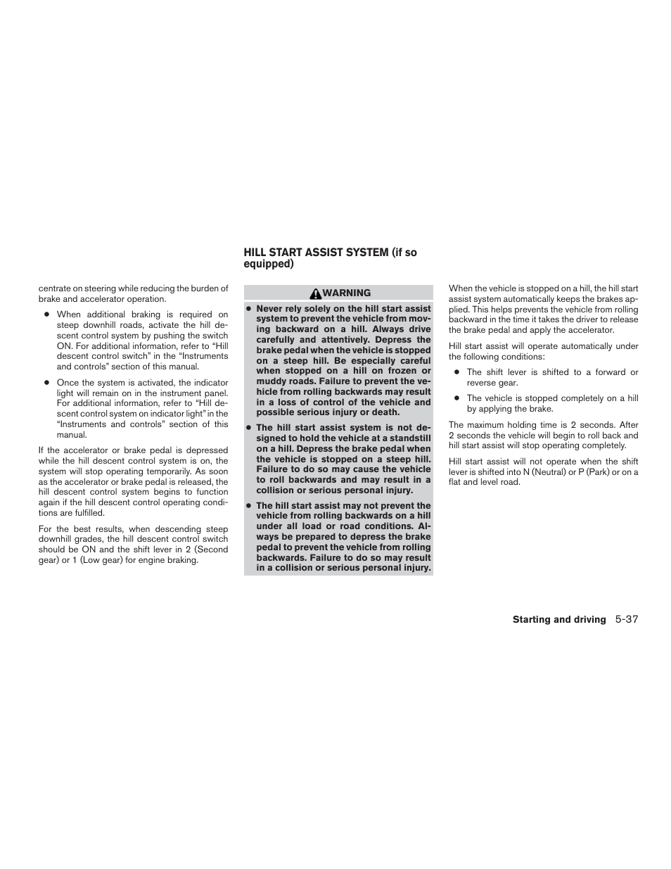 Hill start assist system (if so equipped) -37 | NISSAN 2015 Xterra - Owner's Manual User Manual | Page 286 / 396