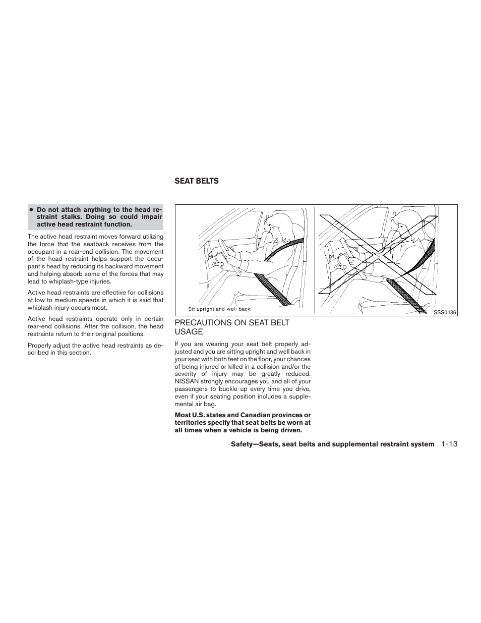 Seat belts -13, Precautions on seat belt usage -13 | NISSAN 2015 Xterra - Owner's Manual User Manual | Page 32 / 396