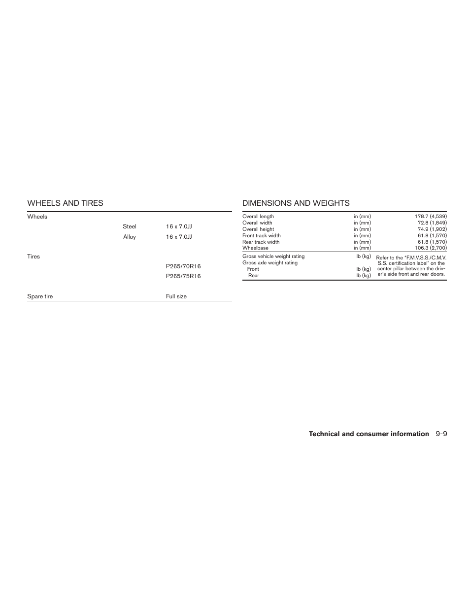 Wheels and tires -9 dimensions and weights -9, Wheels and tires, Dimensions and weights | NISSAN 2015 Xterra - Owner's Manual User Manual | Page 364 / 396