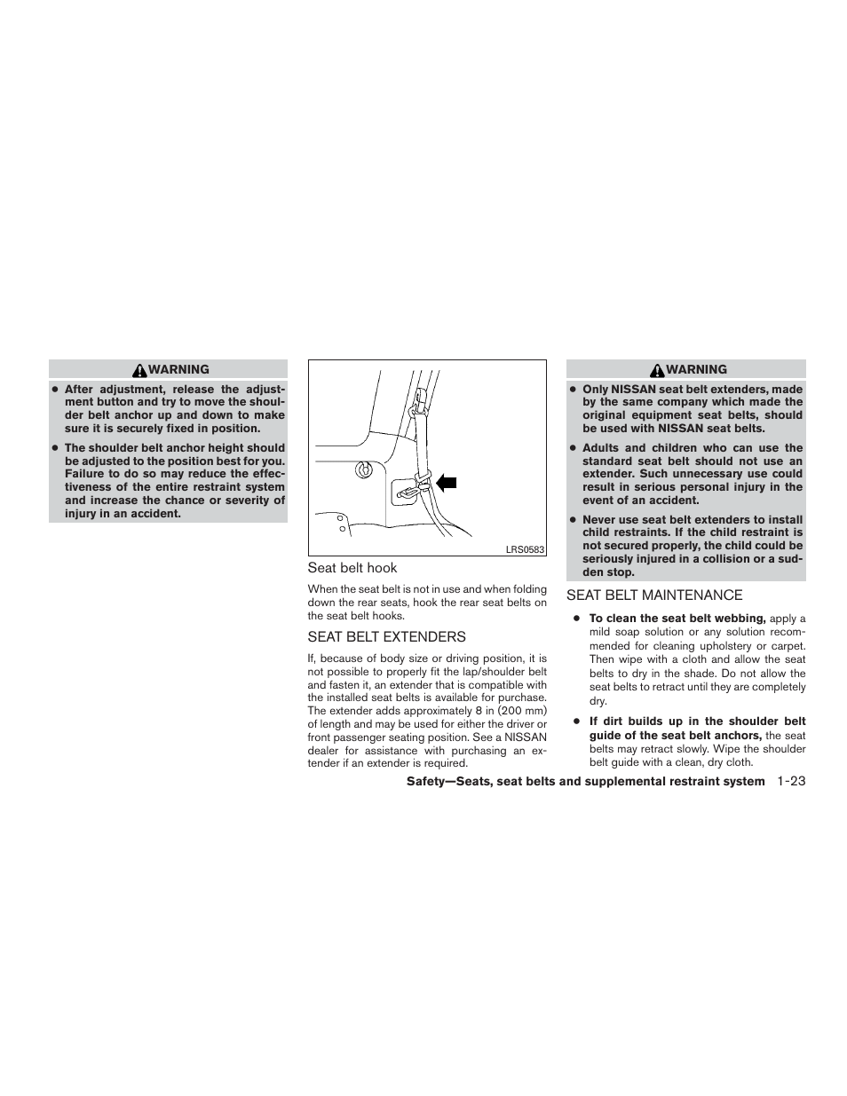 Seat belt extenders -23 seat belt maintenance -23 | NISSAN 2015 Xterra - Owner's Manual User Manual | Page 42 / 396