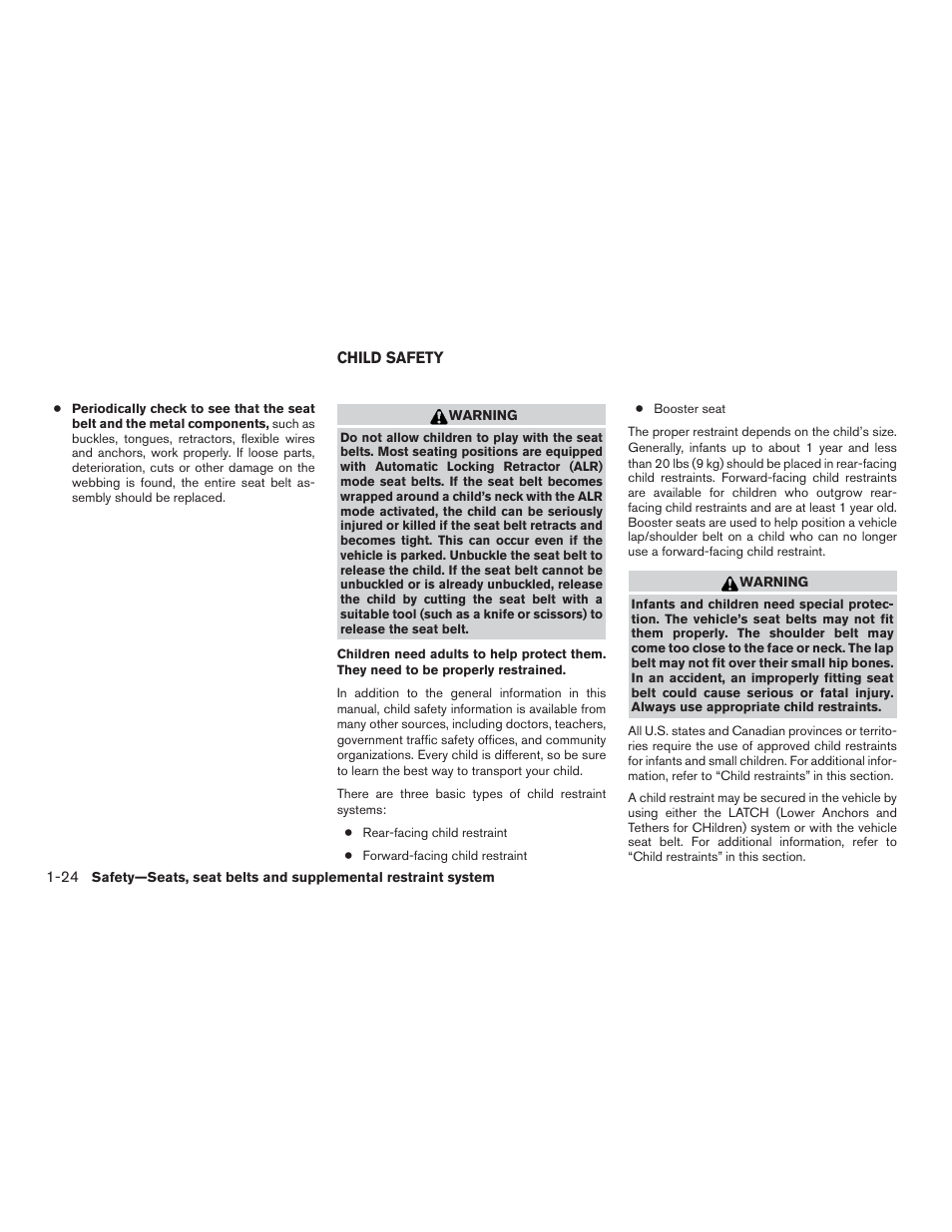 Child safety -24 | NISSAN 2015 Xterra - Owner's Manual User Manual | Page 43 / 396