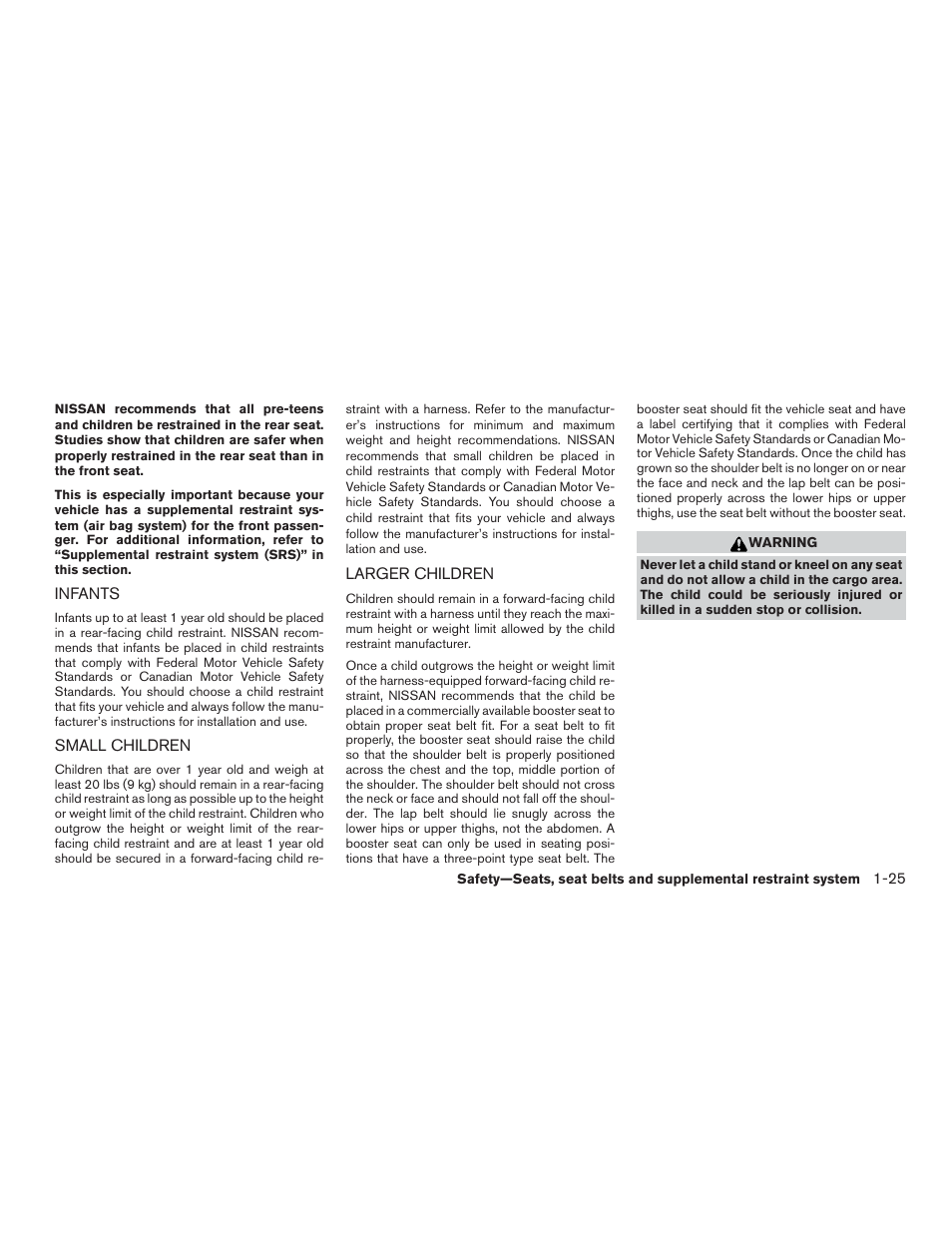 Infants -25, Small children -25 larger children -25 | NISSAN 2015 Xterra - Owner's Manual User Manual | Page 44 / 396