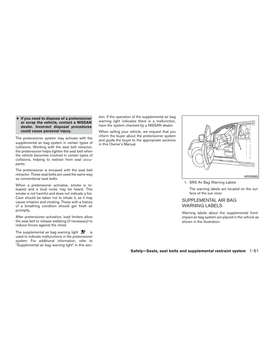 Supplemental air bag warning labels -61 | NISSAN 2015 Xterra - Owner's Manual User Manual | Page 80 / 396