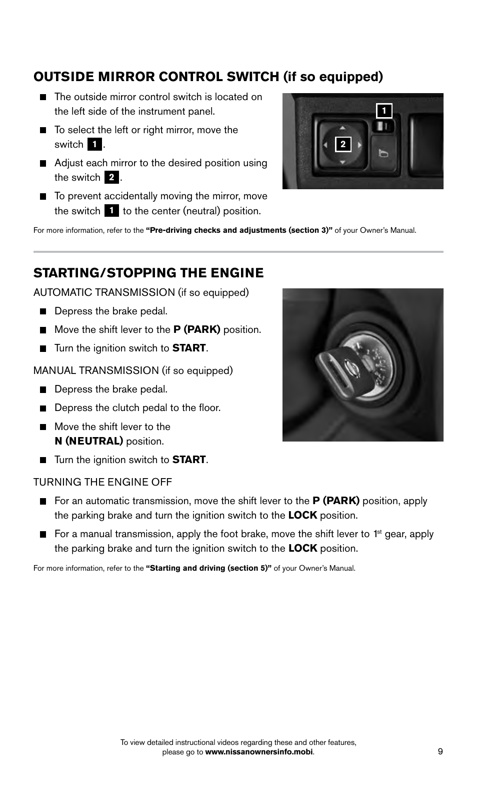 Starting/stopping the engine, Outside mirror control switch (if so equipped) | NISSAN 2015 Xterra - Quick Reference Guide User Manual | Page 11 / 24
