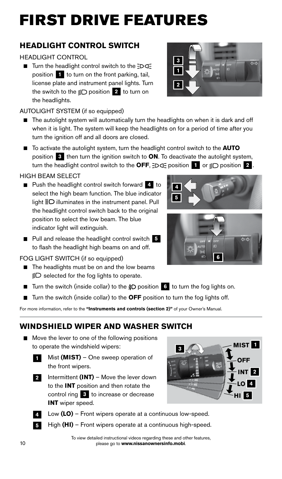 First drive features, Windshield wiper and washer switch, Headlight control switch | NISSAN 2015 Xterra - Quick Reference Guide User Manual | Page 12 / 24