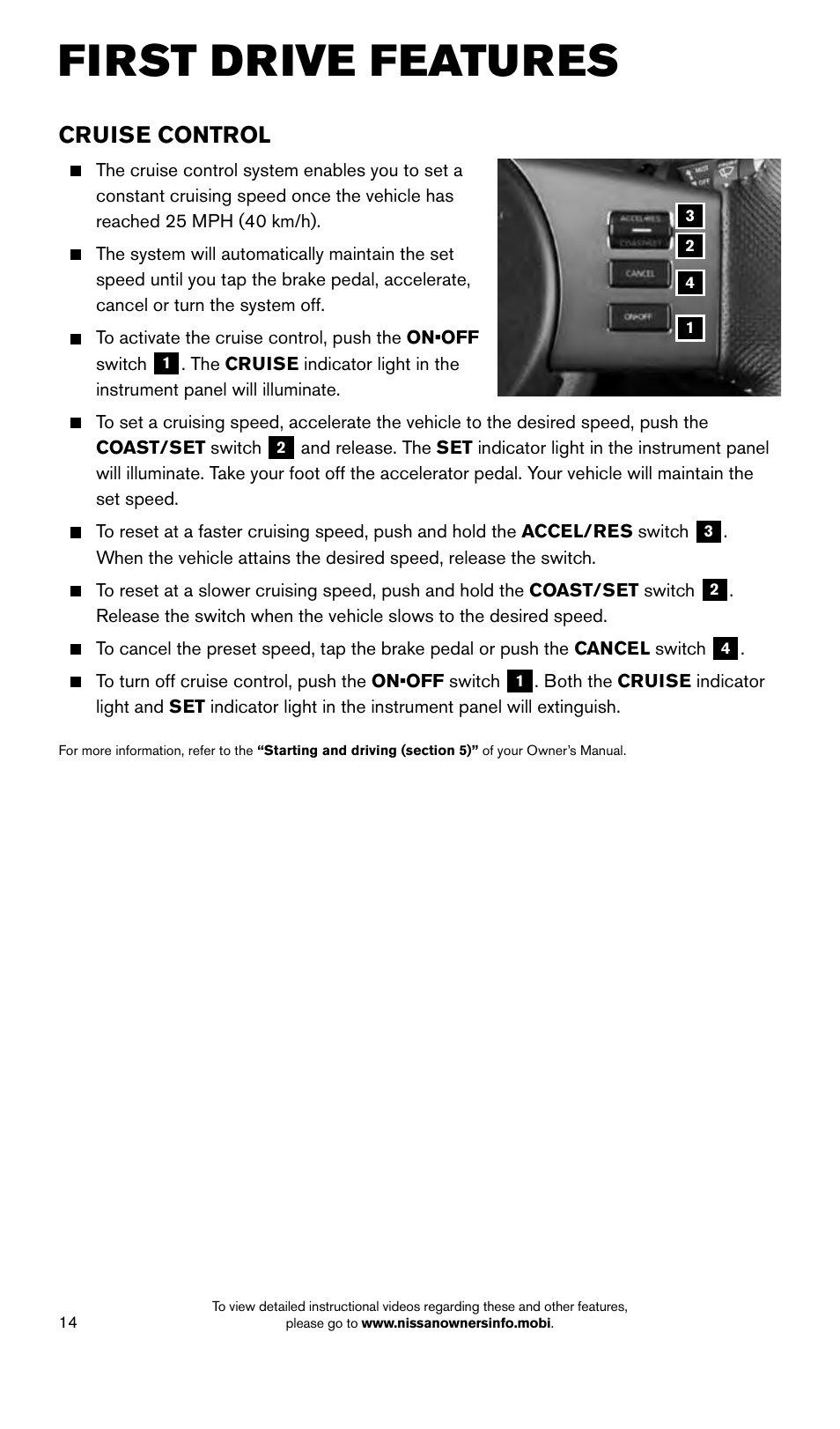 First drive features, Cruise control | NISSAN 2015 Xterra - Quick Reference Guide User Manual | Page 16 / 24