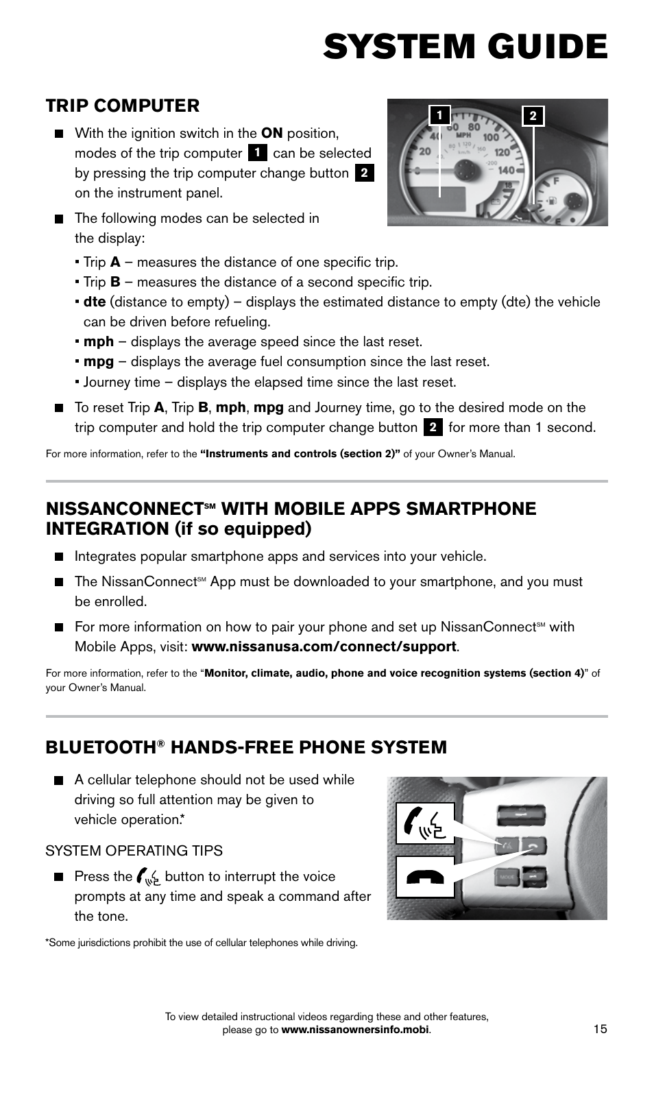 System guide, Trip computer, Nissanconnect | Bluetooth, Hands-free phone system | NISSAN 2015 Xterra - Quick Reference Guide User Manual | Page 17 / 24